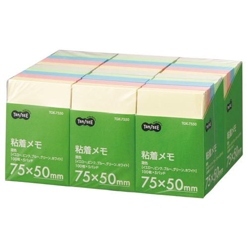 TANOSEE 粘着メモ<ボリュームパック> 75×50mm 5色 1セット(30冊:5冊×6パック)