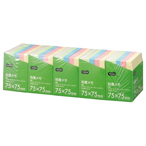 TANOSEE 粘着メモ<ボリュームパック> 75×75mm 5色 1セット(25冊:5冊×5パック)
