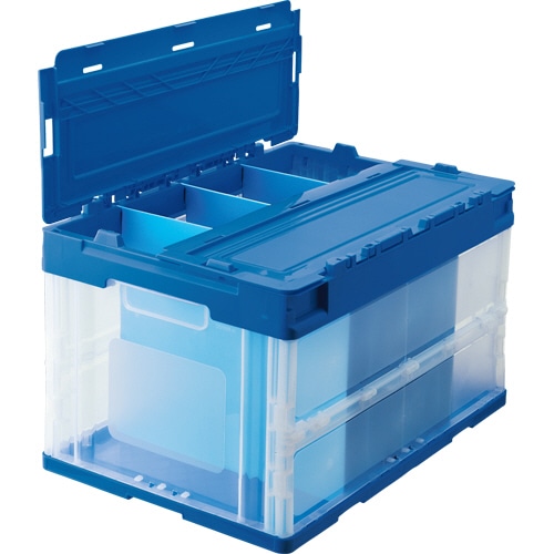 TANOSEE 折りたたみコンテナ 中仕切用溝付 50L ダークブルー/透明 1セット(10台)