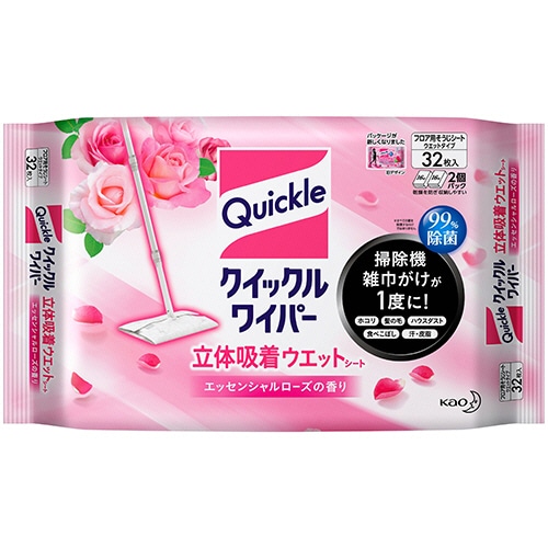 花王 クイックルワイパー 立体吸着ウエットシート エッセンシャルローズの香り 1セット(96枚:32枚×3パック)