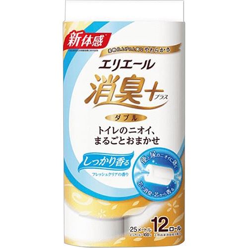 大王製紙 エリエール 消臭+ トイレットティシュー ダブル 芯あり 25m しっかり香るフレッシュクリアの香り 1セット(72ロール:12ロール×6パック)