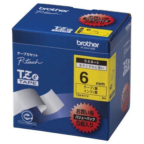 ブラザー ピータッチ TZeテープ ラミネートテープ 6mm 黄/黒文字 業務用パック TZE-611V 1パック(5個)