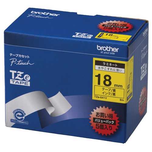 ブラザー ピータッチ TZeテープ ラミネートテープ 18mm 黄/黒文字 業務用パック TZE-641V 1パック(5個)