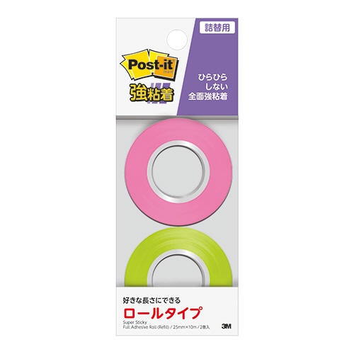 3M ポスト・イット 強粘着ロールふせん 詰替用 25mm幅 ローズ・ライム SSR-R25PG 1パック(2巻)