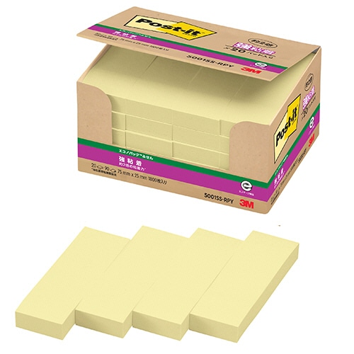 3M ポスト・イット エコノパック 強粘着ふせん 再生紙 75×25mm イエロー 5001SS-RPY 1パック(20冊)