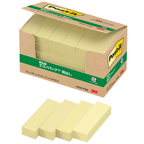 3M ポスト・イット エコノパック 見出し 再生紙 50×15mm イエロー 7001-Y20 1パック(30冊)