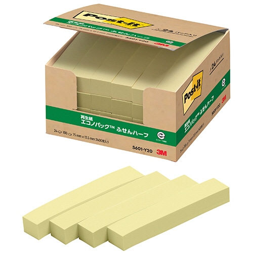 3M ポスト・イット エコノパック ふせんハーフ 再生紙 75×12.5mm イエロー 5601-Y20 1パック(24冊)