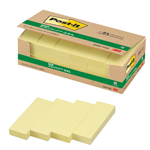 3M ポスト・イット エコノパック ふせん 再生紙 75×25mm イエロー 5001-Y20 1パック(24冊)