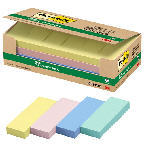 3M ポスト・イット エコノパック ふせん 再生紙 75×25mm 4色 5001-K20 1パック(24冊)