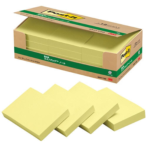 3M ポスト・イット エコノパック ノート 再生紙 75×50mm イエロー 6561-Y20 1パック(12冊)