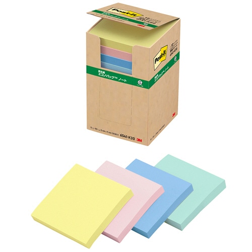 3M ポスト・イット エコノパック ノート 再生紙 75×75mm 4色 6541-K20 1パック(12冊)