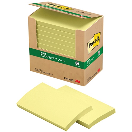 3M ポスト・イット エコノパック ノート 再生紙 75×127mm イエロー 6551-Y20 1パック(12冊)