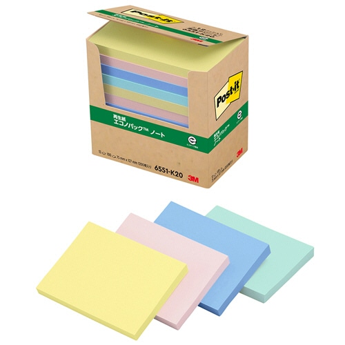 3M ポスト・イット エコノパック ノート 再生紙 75×127mm 混色 6551-K20 1パック(12冊)