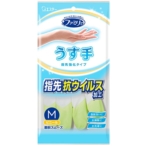 エステー ファミリー ビニールうす手 指先強化手袋 グリーン M 1双