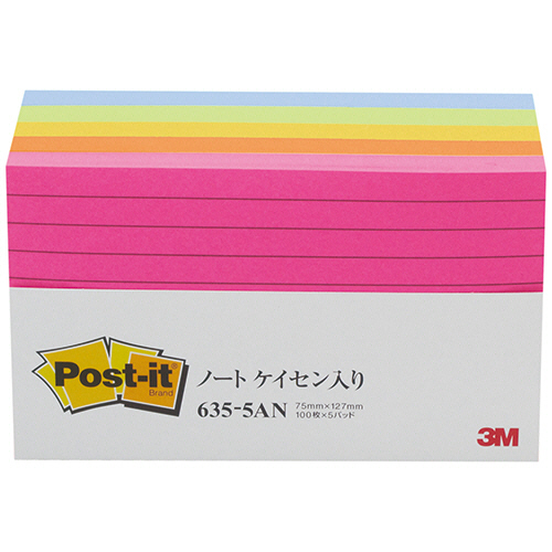 ３Ｍ　ポスト・イット　罫線入ノート　ボリュームパック　７５×１２７ｍｍ　５色　６３５－５ＡＮ　１セット（６０冊：５冊×１２パック）