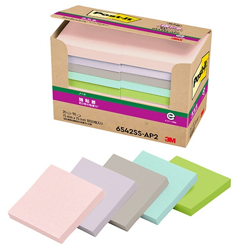 ３Ｍ　ポスト・イット　強粘着ノート　再生紙　７５×７５ｍｍ　パステルカラー５色　６５４２ＳＳ－ＡＰ２　１セット（４０冊：２０冊×２パック）