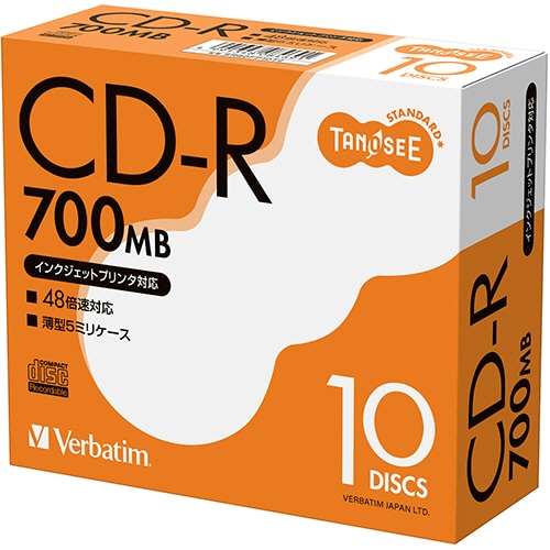 TANOSEE バーベイタム データ用CD-R 700MB 48倍速 ホワイトプリンタブル 5mmスリムケース SR80FP10T2 1セット(100枚:10枚