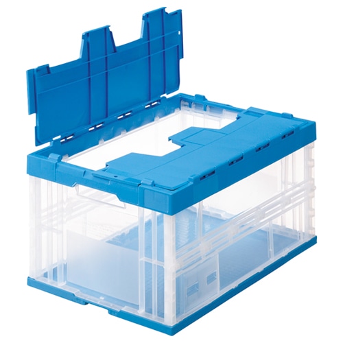 TANOSEE 折りたたみコンテナ フタ一体型 75L 透明/ブルー 1セット(9台)
