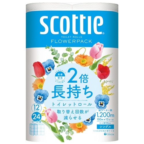 日本製紙クレシア スコッティ 2倍巻き フラワーパック シングル 芯あり 100m 1セット(48ロール:12ロール×4パック)