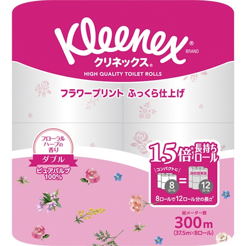 日本製紙クレシア クリネックス コンパクト フラワープリント ダブル 芯あり 37.5m 香り付き 1セット(64ロール:8ロール×8パック)
