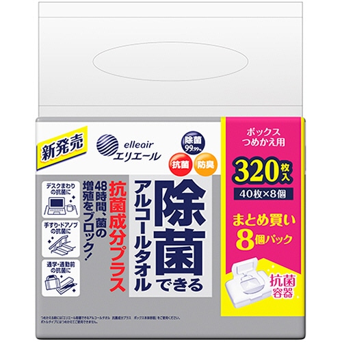 大王製紙 エリエール 除菌できるアルコールタオル 抗菌成分プラス ボックスつめかえ用 1セット(1280枚:320枚×4パック)